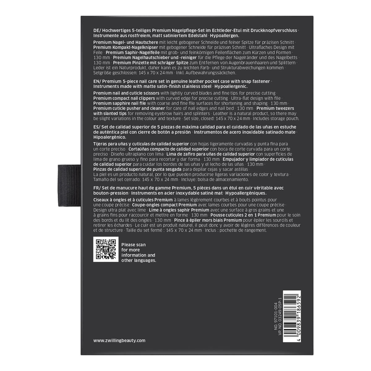 Maniküreset, 5 Teile, Etui mit Klickverschluss, Schwarzes Leder