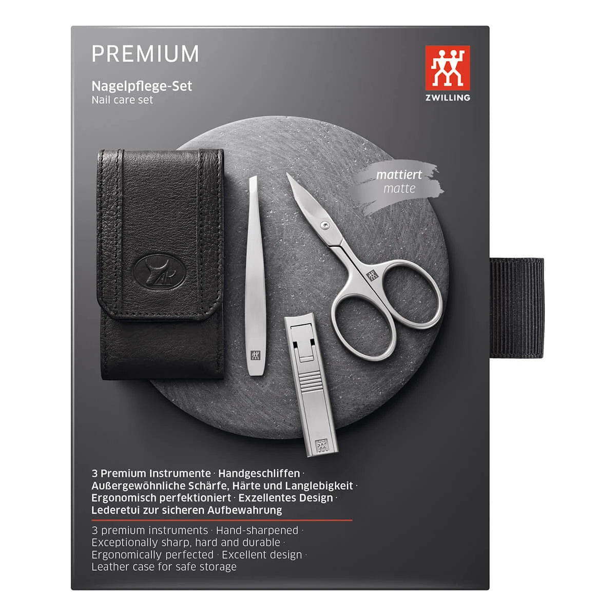 Maniküreset, 3-teilig, Click and close Etui, Schwarzes Leder