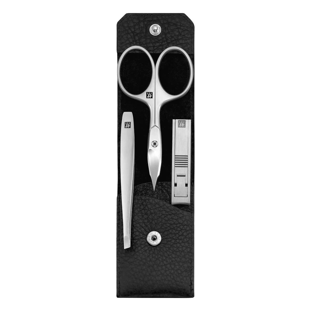 Maniküreset, 3-teilig, Click and close Etui, Schwarzes Leder