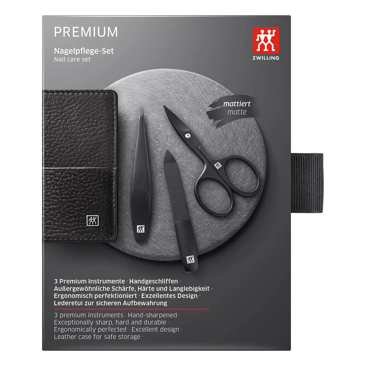 Maniküreset, 3 Teile, Schwarz, Schwarzes Leder