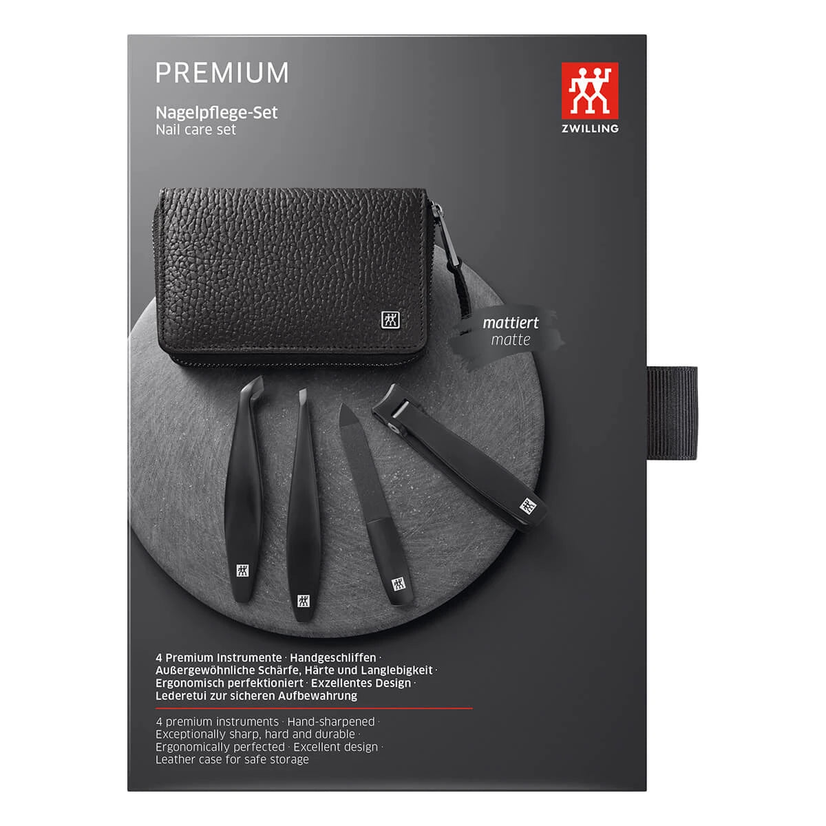 Maniküreset, 4 Teile, Schwarz, Schwarzes Leder
