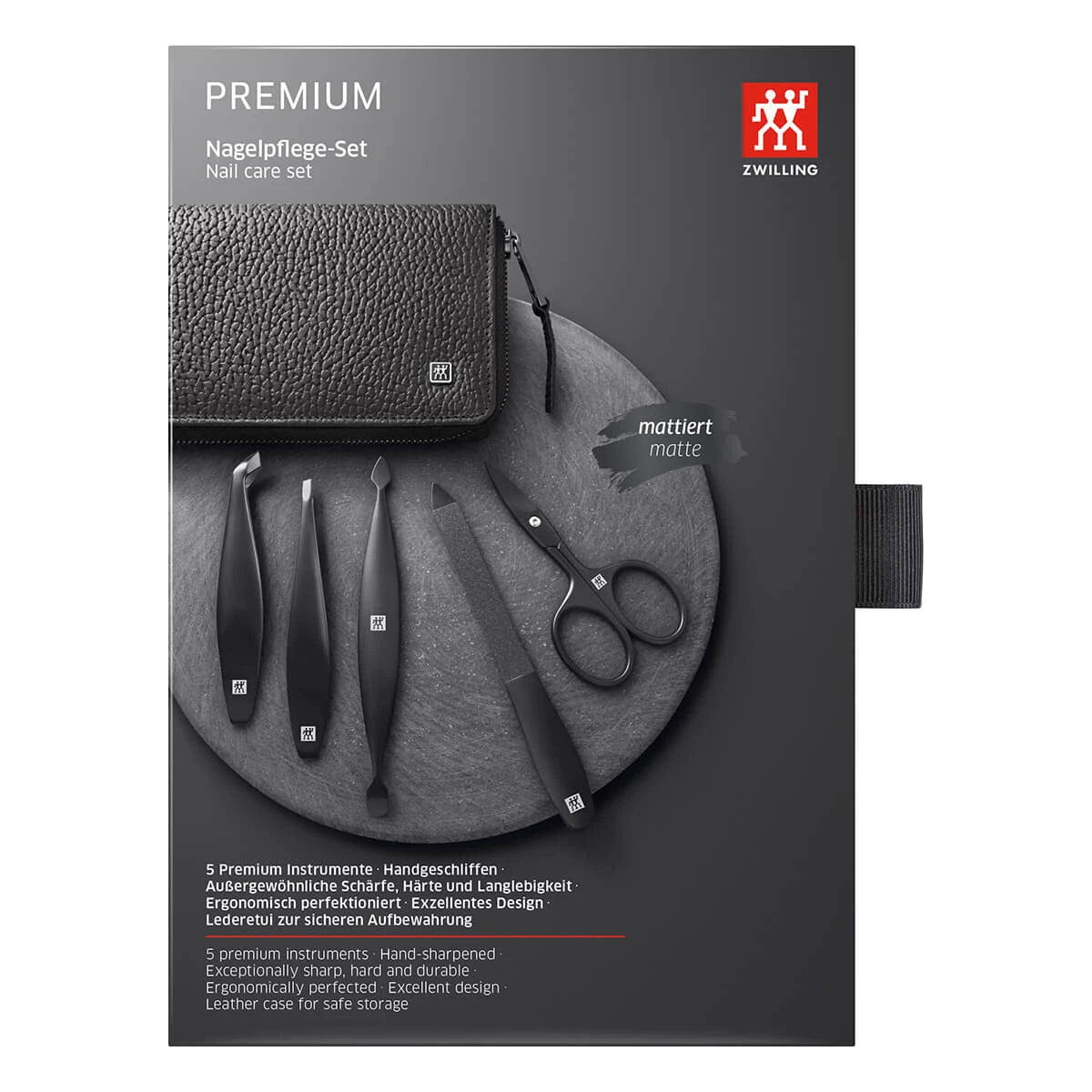 Maniküreset, 5 Teile, Schwarz, Schwarzes Leder