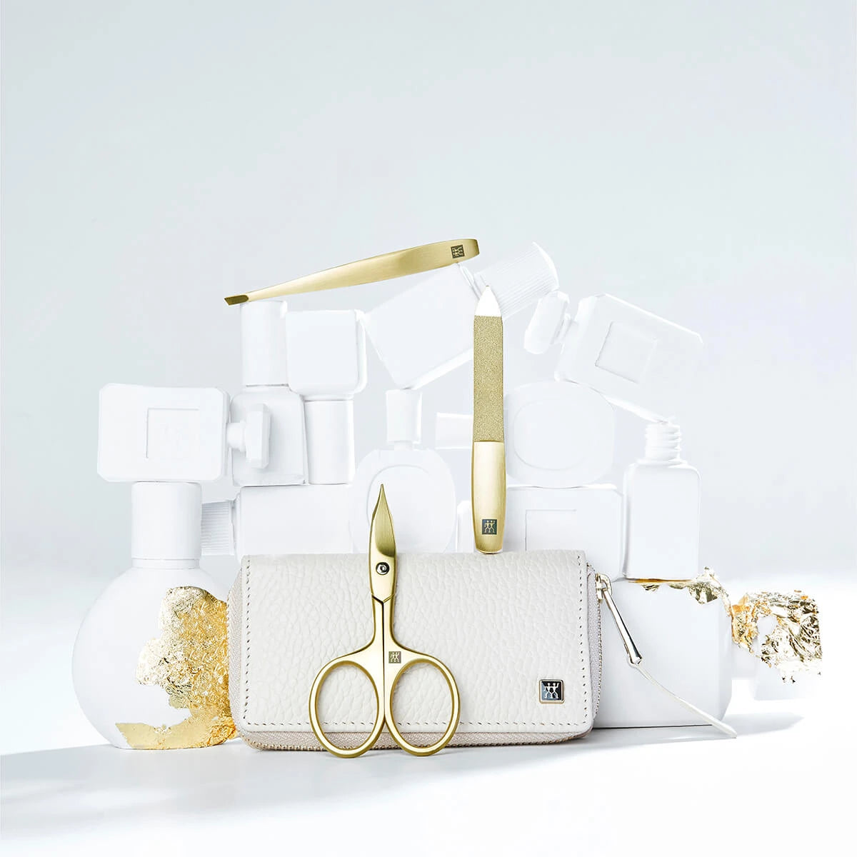 Maniküreset, 3-teilig, Gold, Off-White Leder