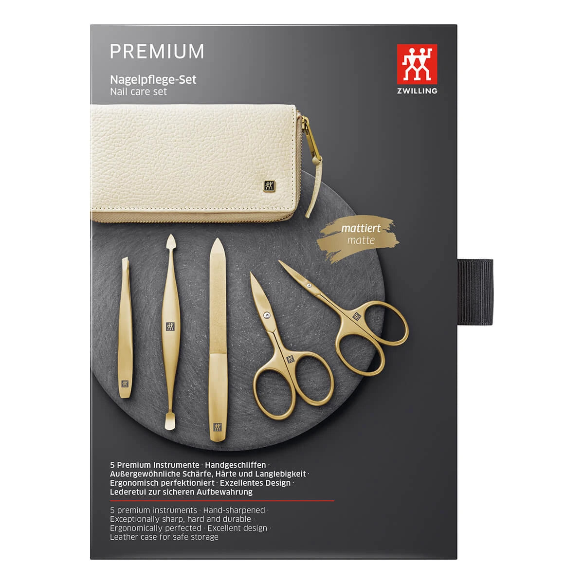 Maniküreset, 5 Teile, Gold, Off-White Leder