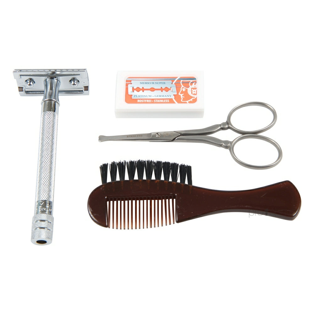 Set mit Hobel, Nasenhaarschere, Rasierklingen und Bartkamm