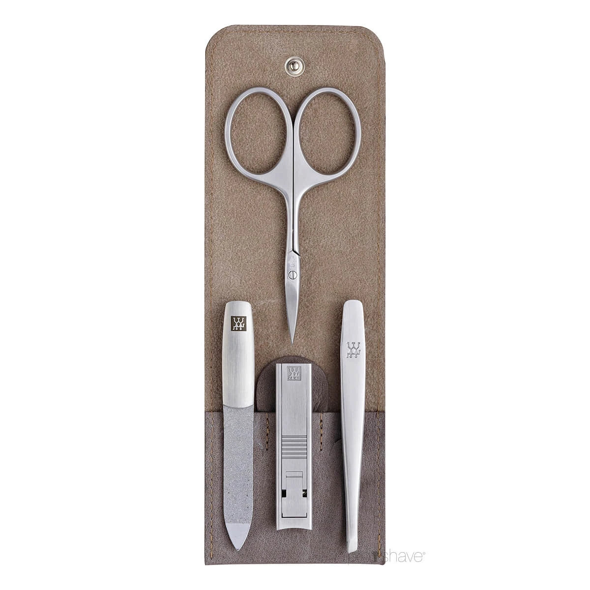 Maniküreset, 4-teilig, Click-lock-Etui, Grau-braunes Leder
