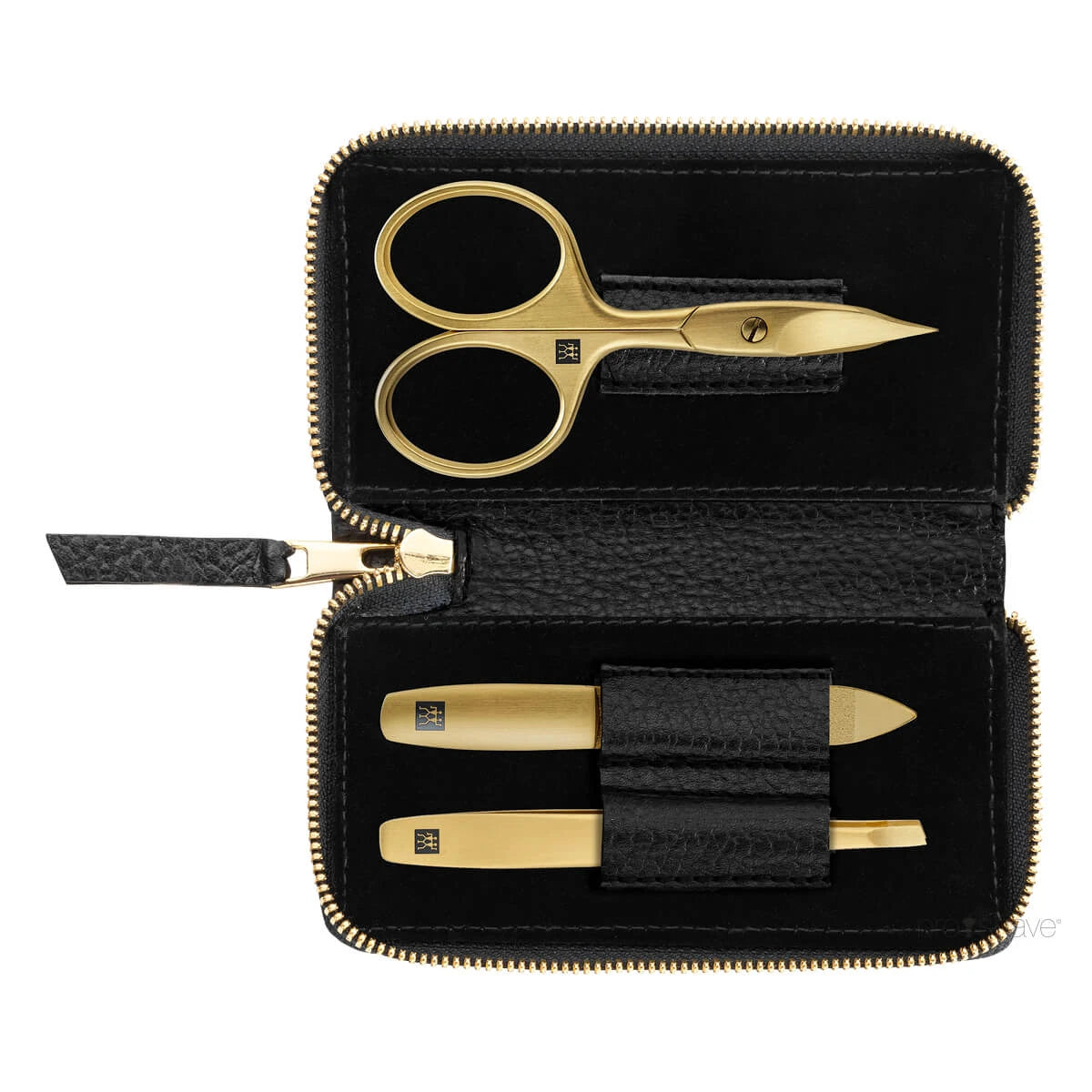 Maniküreset, 3 Teile, Gold, Schwarzes Leder