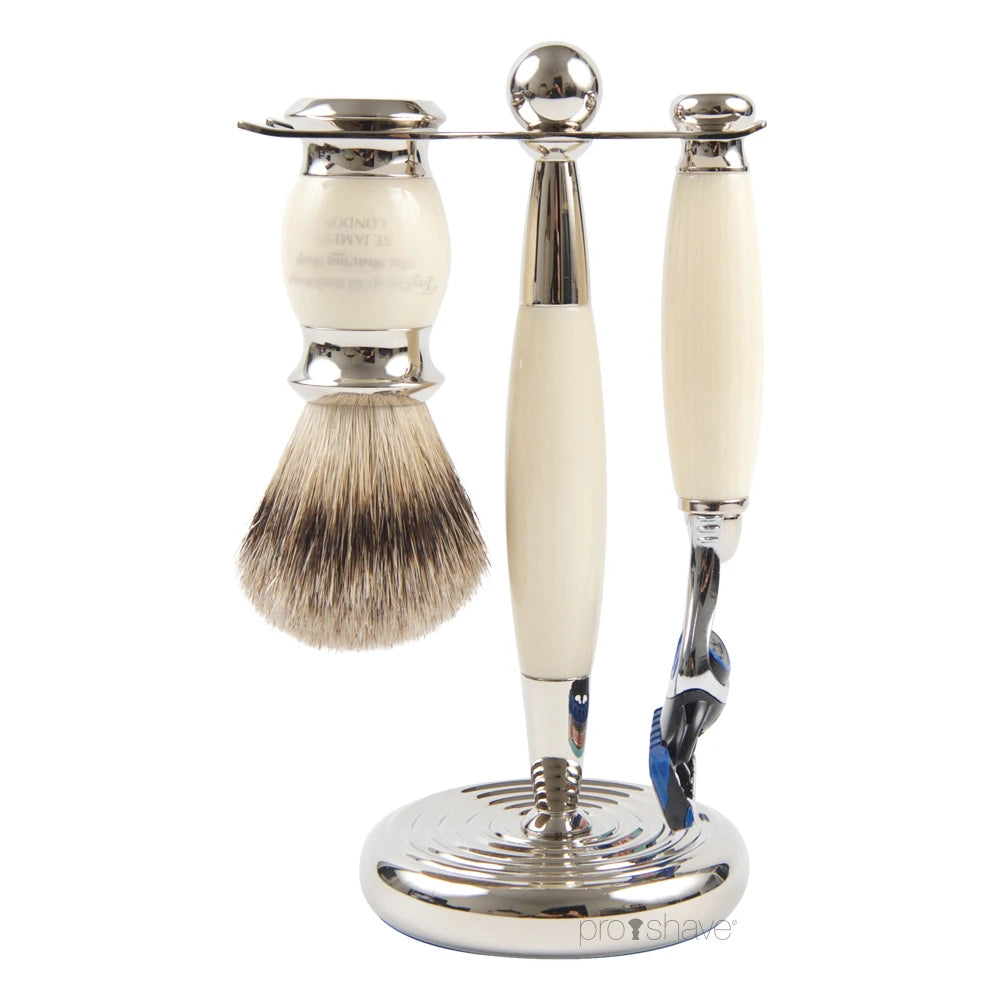 Rasierset mit Fusion Rasierer, Pure Badger Rasierpinsel und Halter, imit. Elfenbein