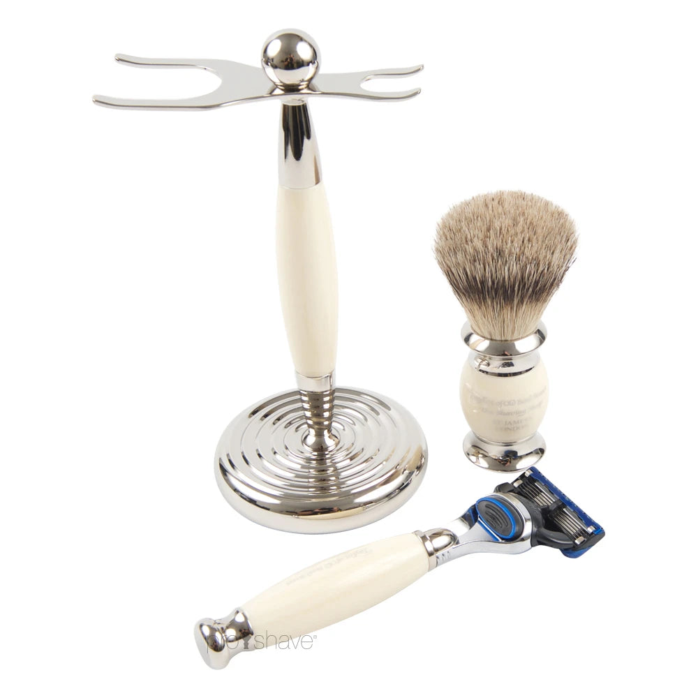 Rasierset mit Fusion Rasierer, Pure Badger Rasierpinsel und Halter, imit. Elfenbein