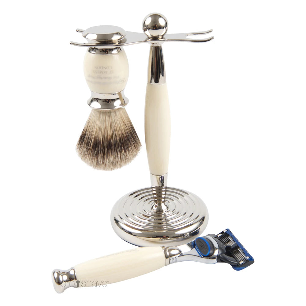 Rasierset mit Fusion Rasierer, Pure Badger Rasierpinsel und Halter, imit. Elfenbein
