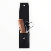 Bart & Grooming Set mit Schere und Kamm aus Holz, Schwarzes Leder