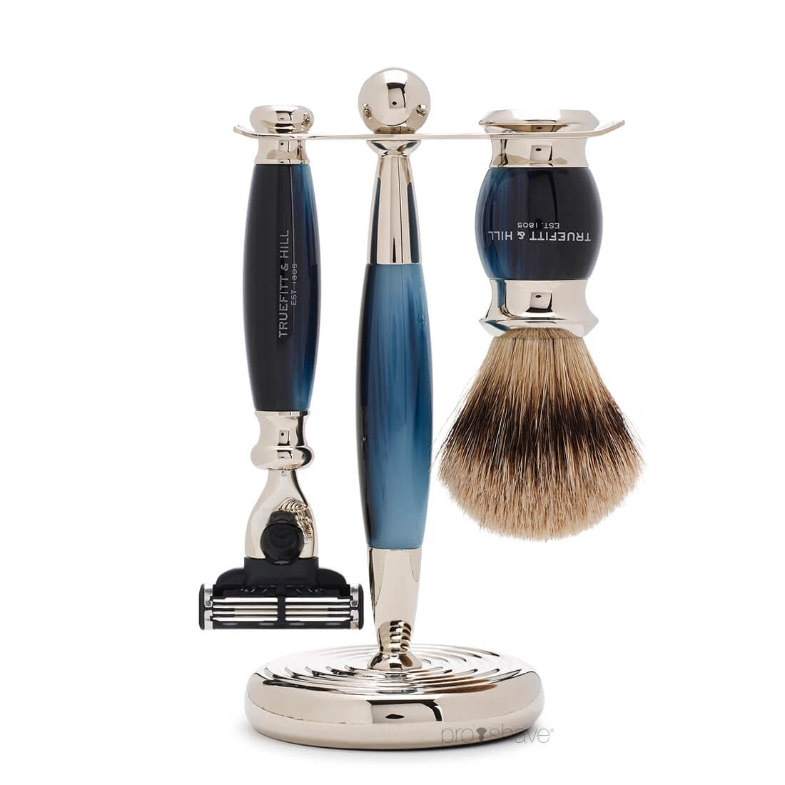 Rasierset mit Fusion-Rasierer, Dachsbürste und Halter, edwardianisch, Faux Blue Opal