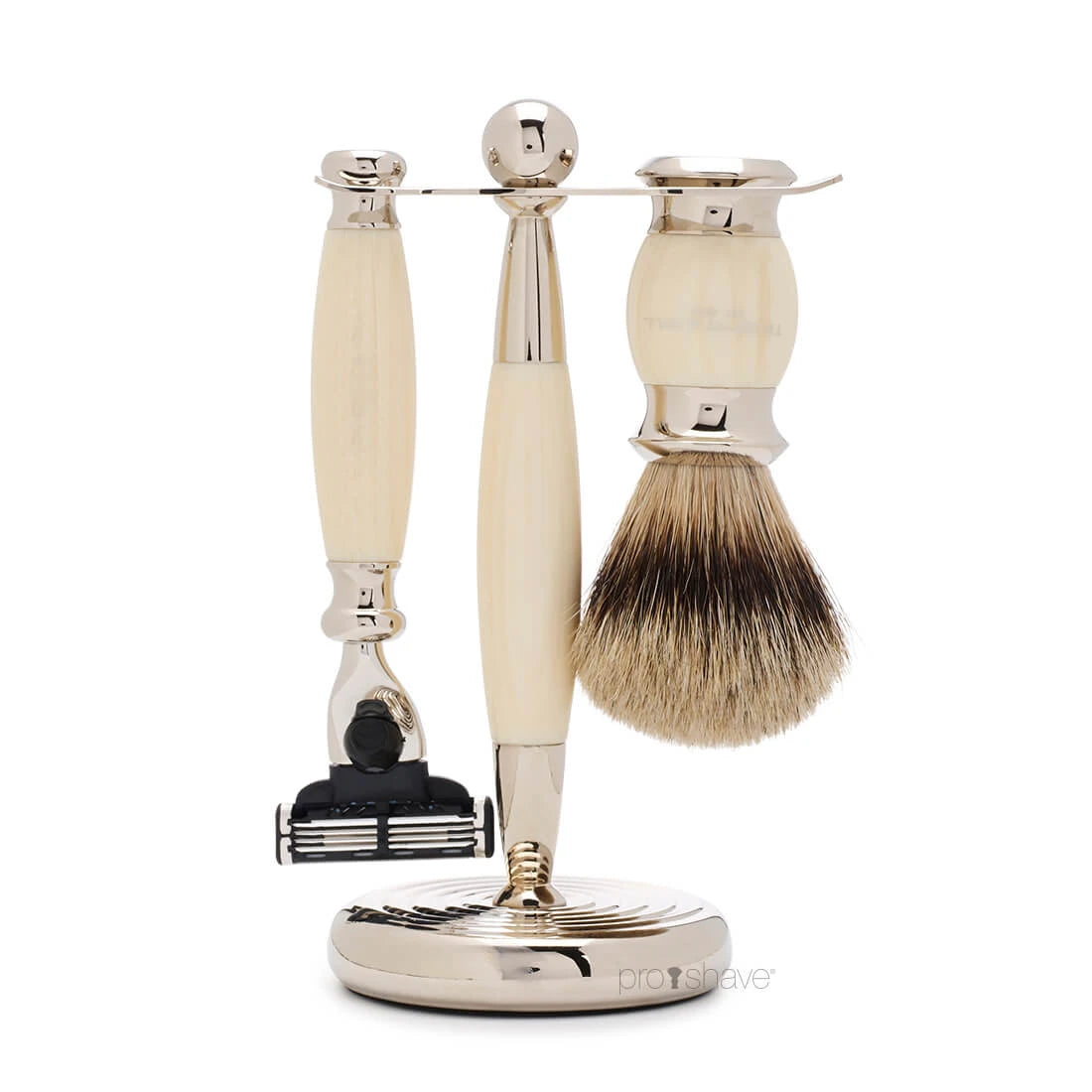 Rasierset mit Mach3 Rasierer, Dachs Pinsel und Halter, Edwardian, Faux Ivory