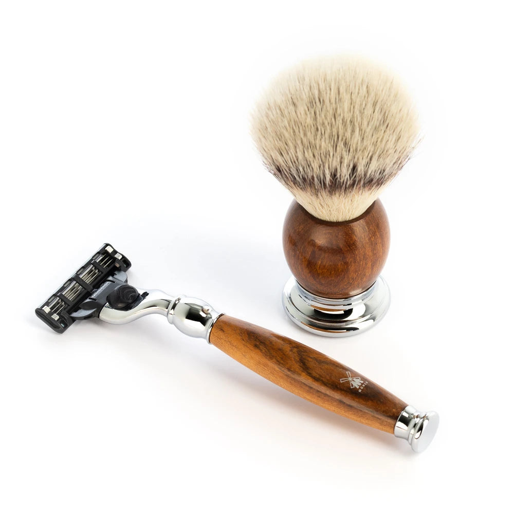 Rasierset mit Rasierhobel, Rasierpinsel, Halterung und Schale, Sophist, Ironwood
