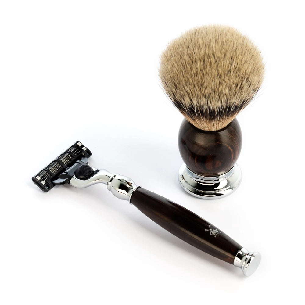 Rasierset mit Mach3 Rasierer, Rasierpinsel, Halter und Schale, Sophist, Ironwood