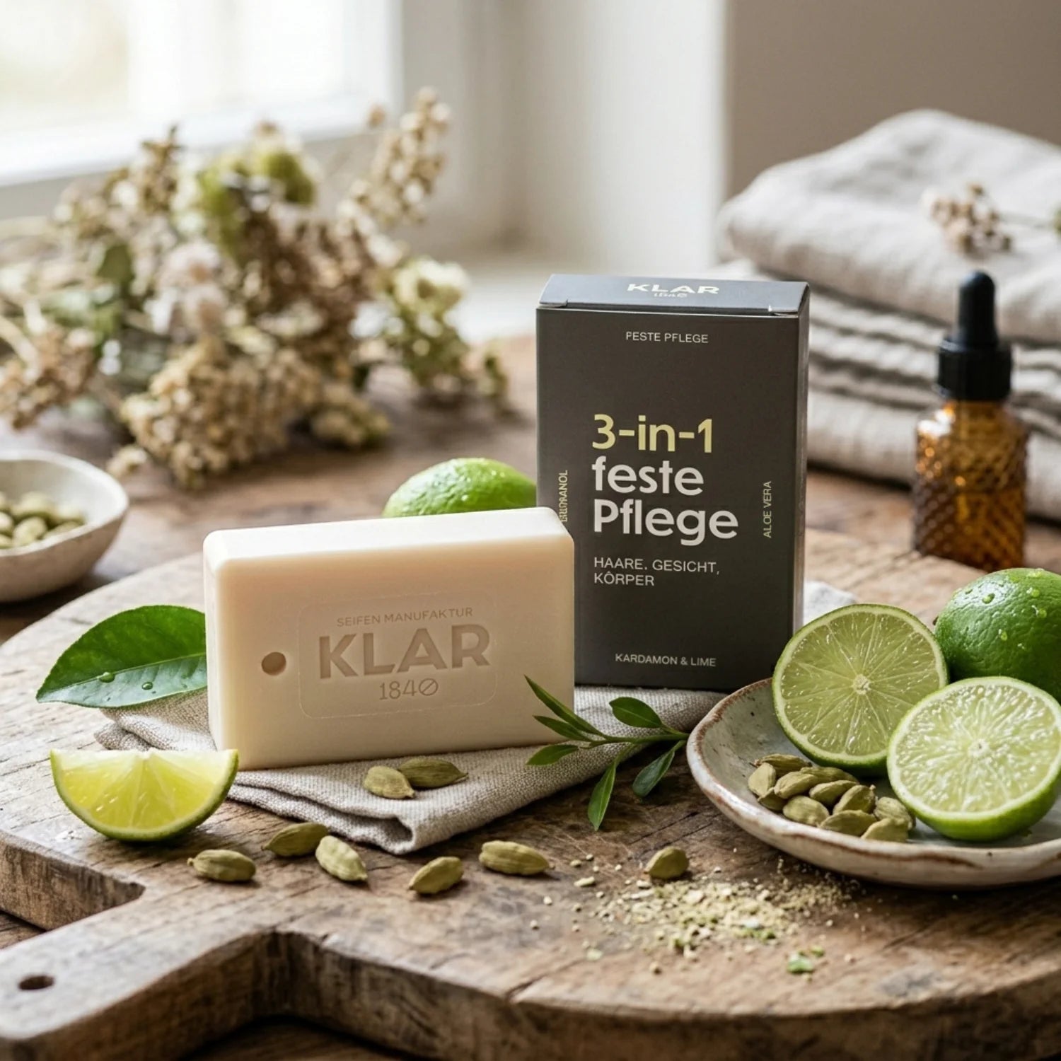 3-in-1-Seife für Haare, Gesicht und Körper, Kardamom & Limette, 100 g.