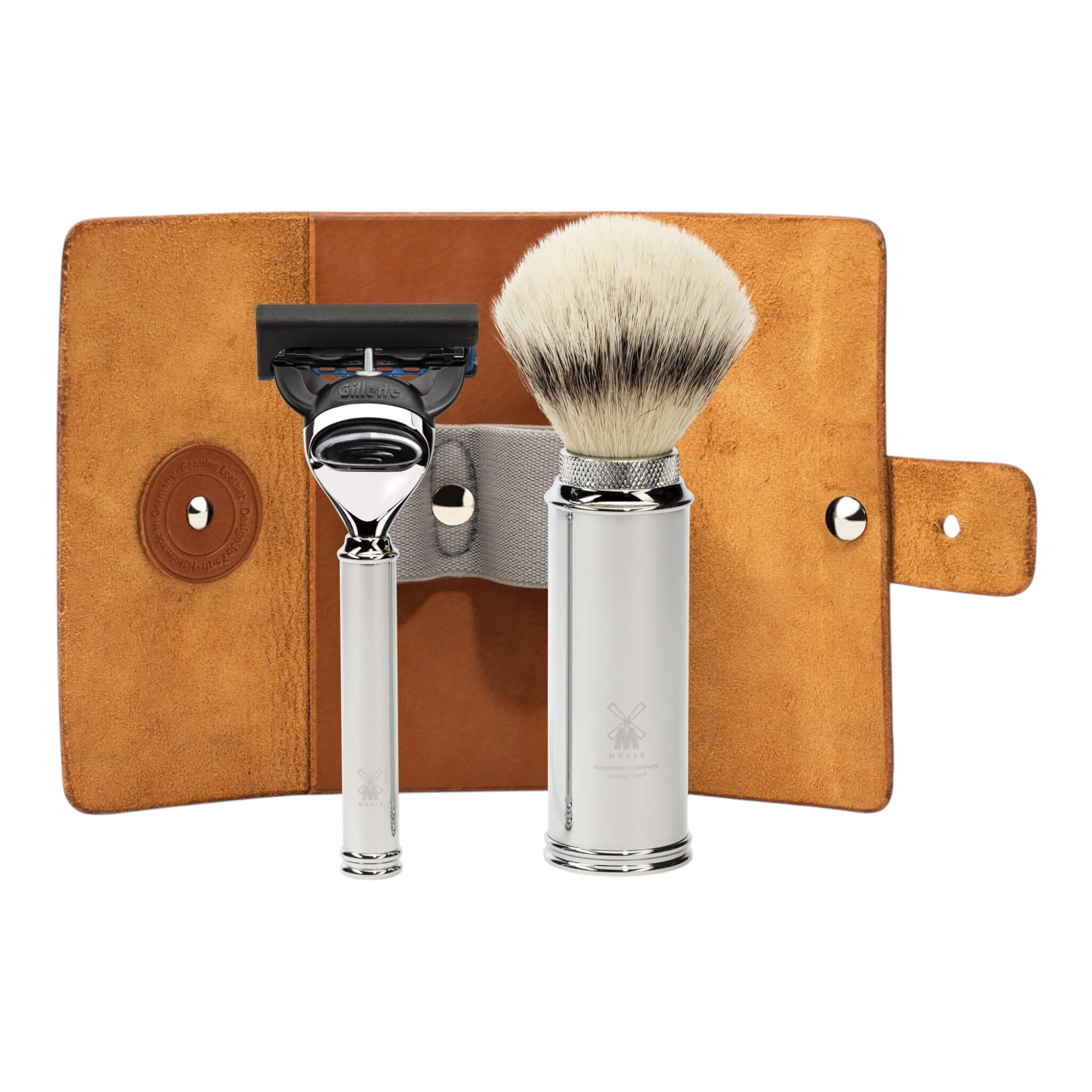 Reise-Rasierset mit Rasierer, Pinsel und Etui, Leder