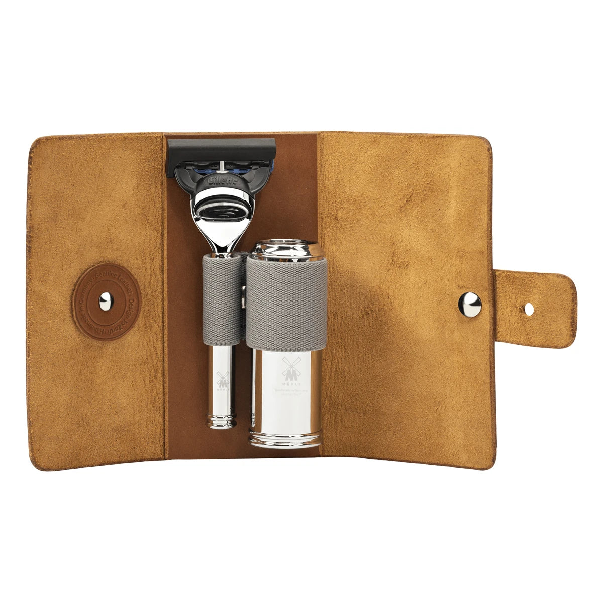 Reise-Rasierset mit Rasierer, Pinsel und Etui, Leder