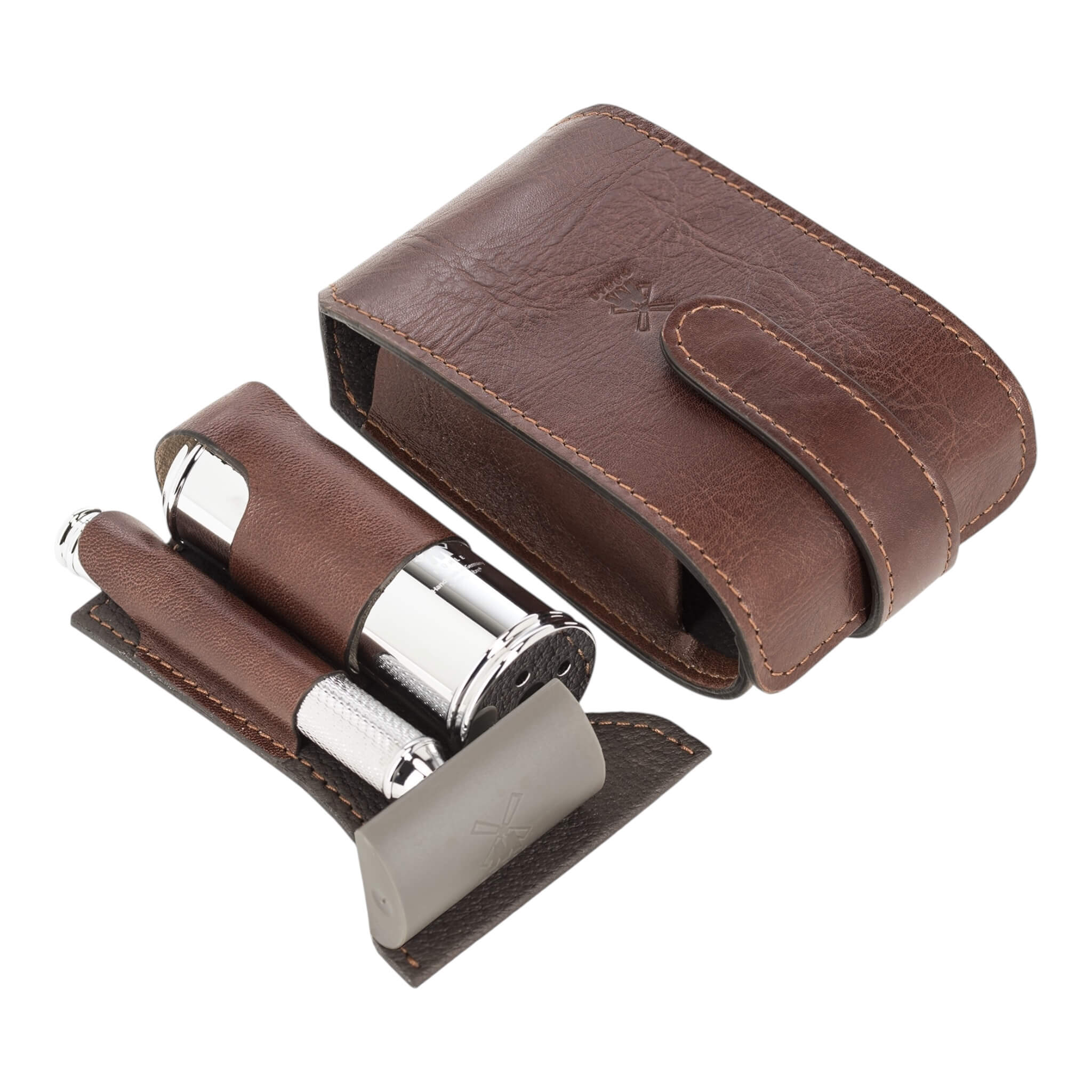 Reisesets mit DE Rasierhobel und Bürste, Leder braun