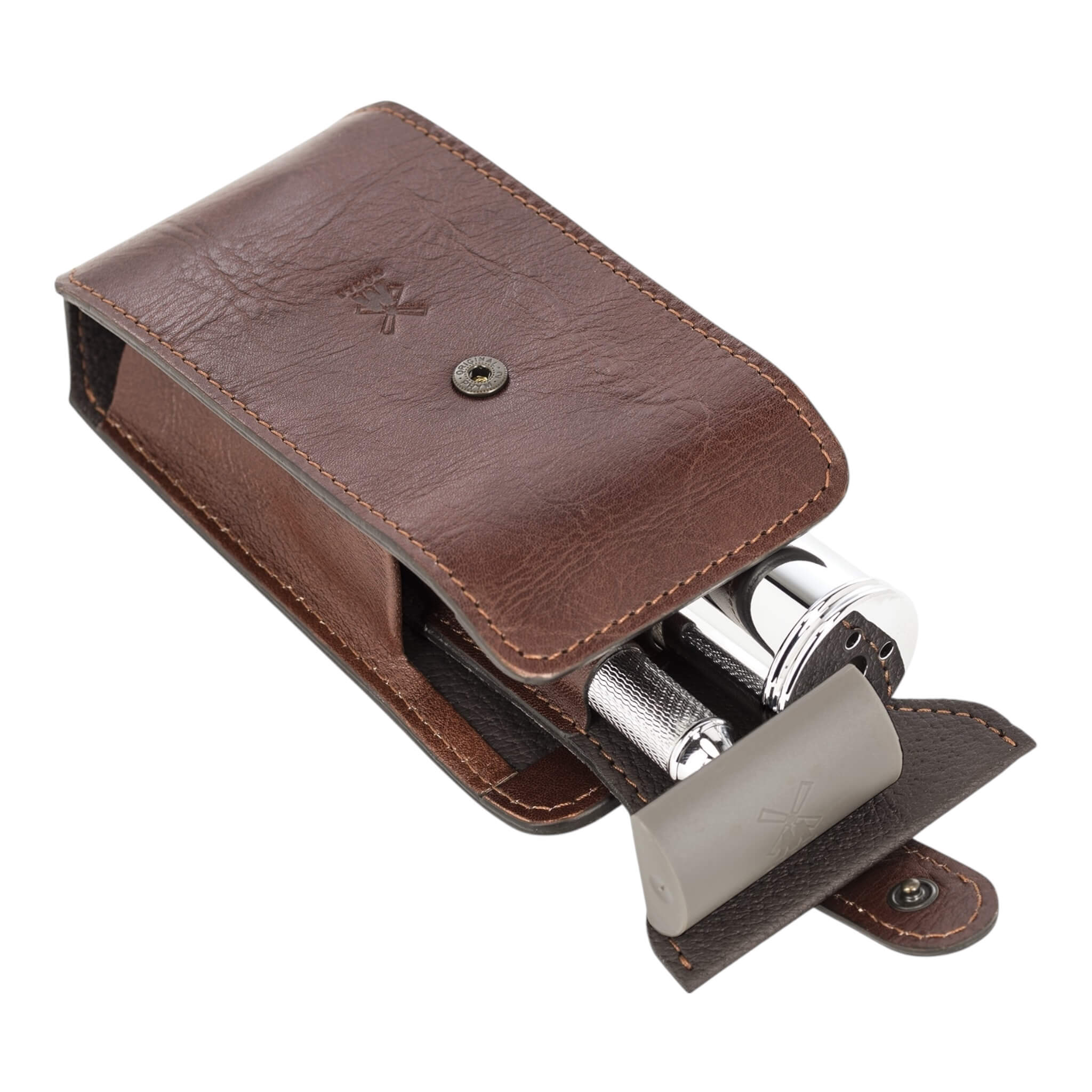 Reisesets mit DE Rasierhobel und Bürste, Leder braun