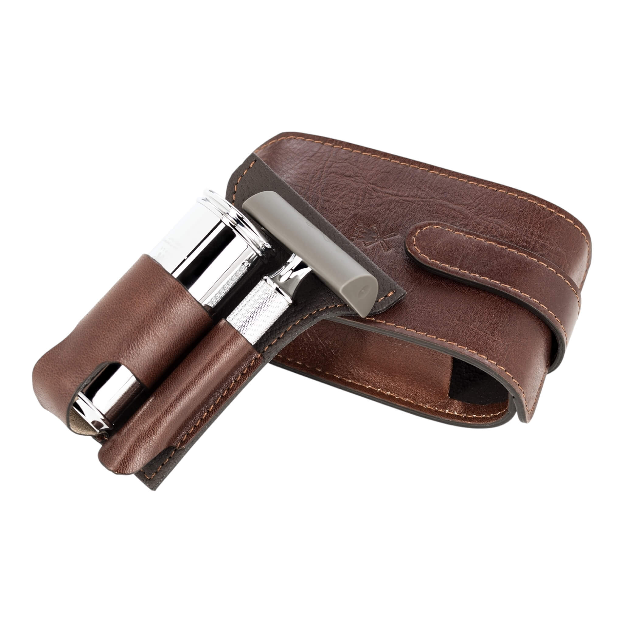Reisesets mit DE Rasierhobel und Bürste, Leder braun