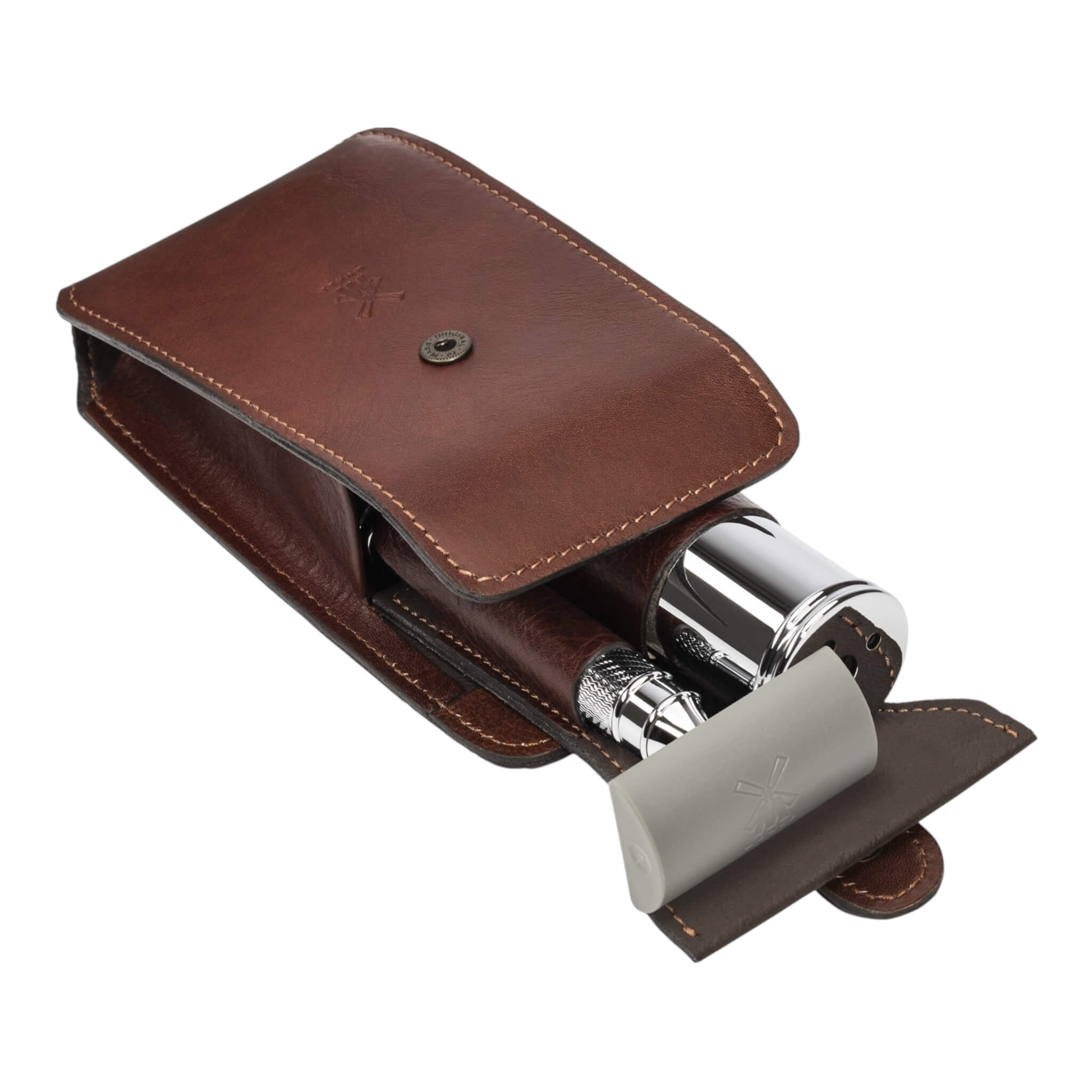Reisesets mit DE Rasierhobel und Bürste, Leder braun