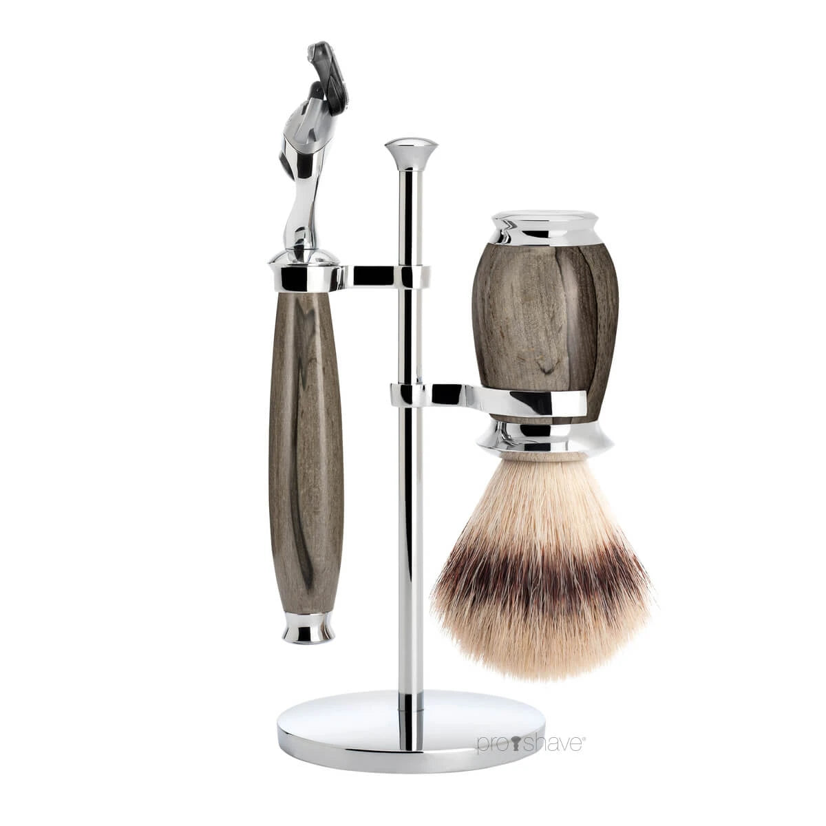 Rasierset mit Fusion-Rasierer, Silvertip Fibre® Rasierpinsel und Halter, Purist, Buche gemasert