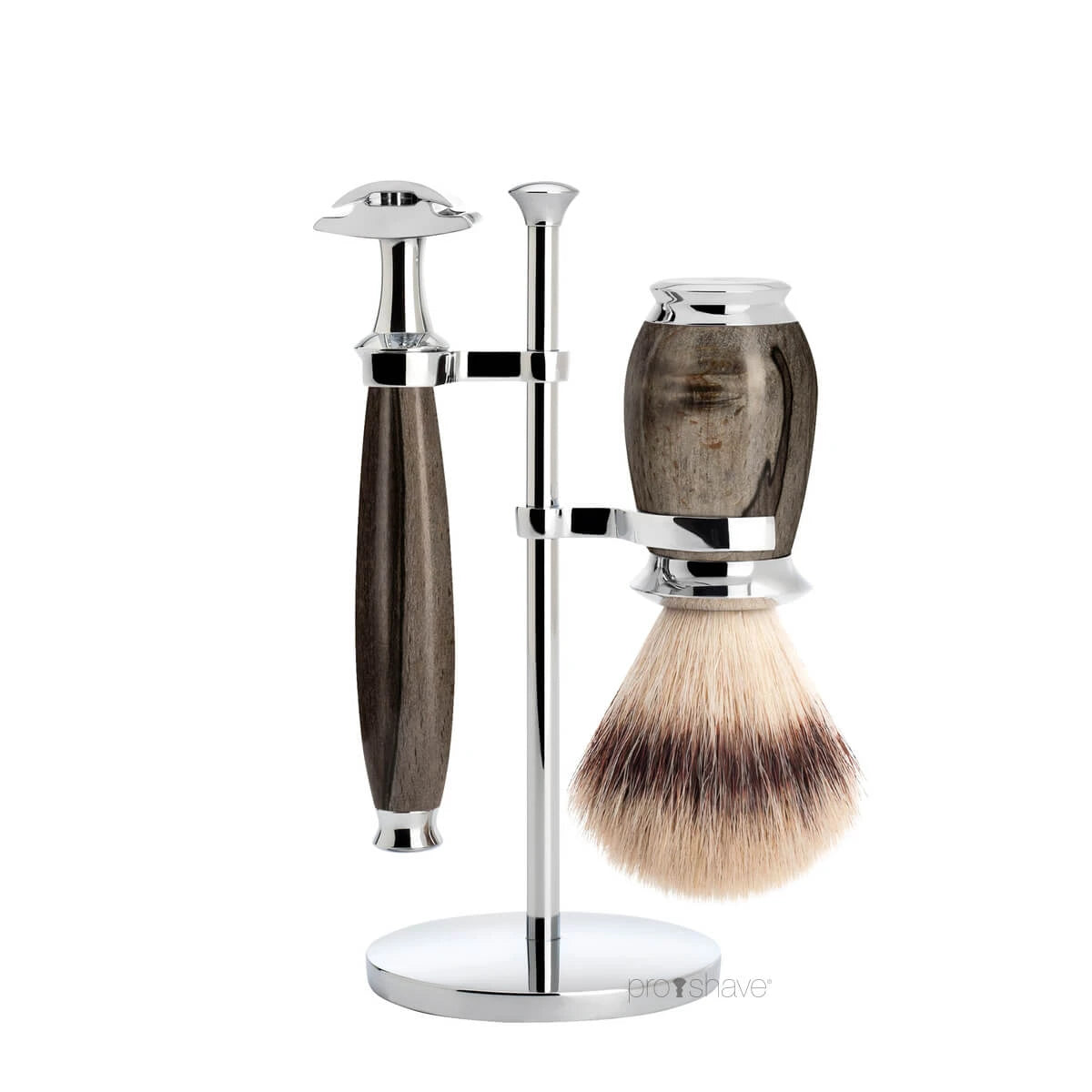 Rasierset mit Rasierhobel, Silvertip Fibre® Rasierpinsel und Halter, Purist, Buche genarbt