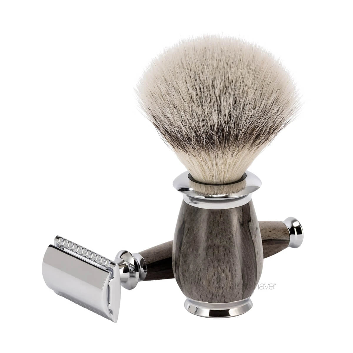 Rasierset mit Rasierhobel, Silvertip Fibre® Rasierpinsel und Halter, Purist, Buche genarbt