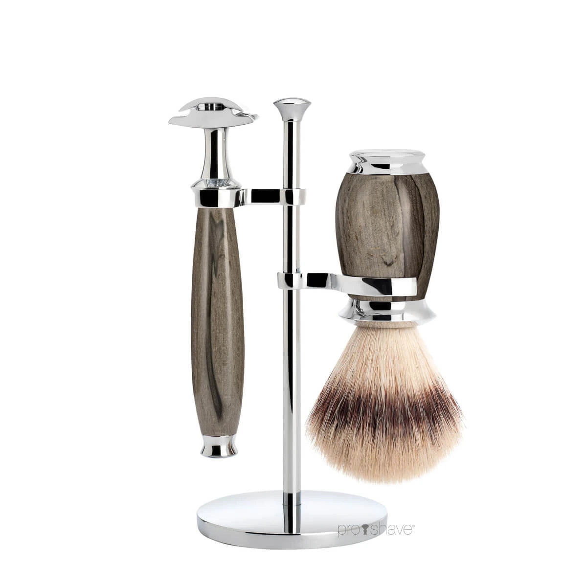 Rasierset mit Rasierhobel, Silvertip Fibre® Rasierpinsel und Halter, Purist, Buche genarbt