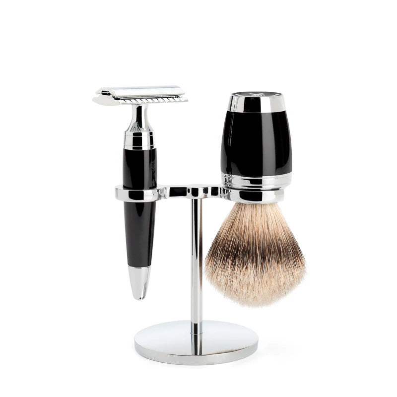 Rasierset mit Rasierhobel, Silvertip Rasierpinsel und Halter, Stylo, Schwarzes Harz