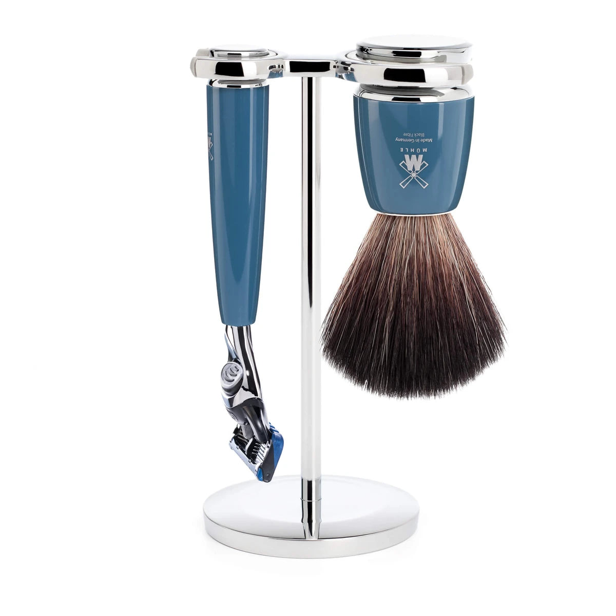 Rasierset mit Fusion-Rasierer, Rasierpinsel und Halter, Rytmo, Petroleum Blau