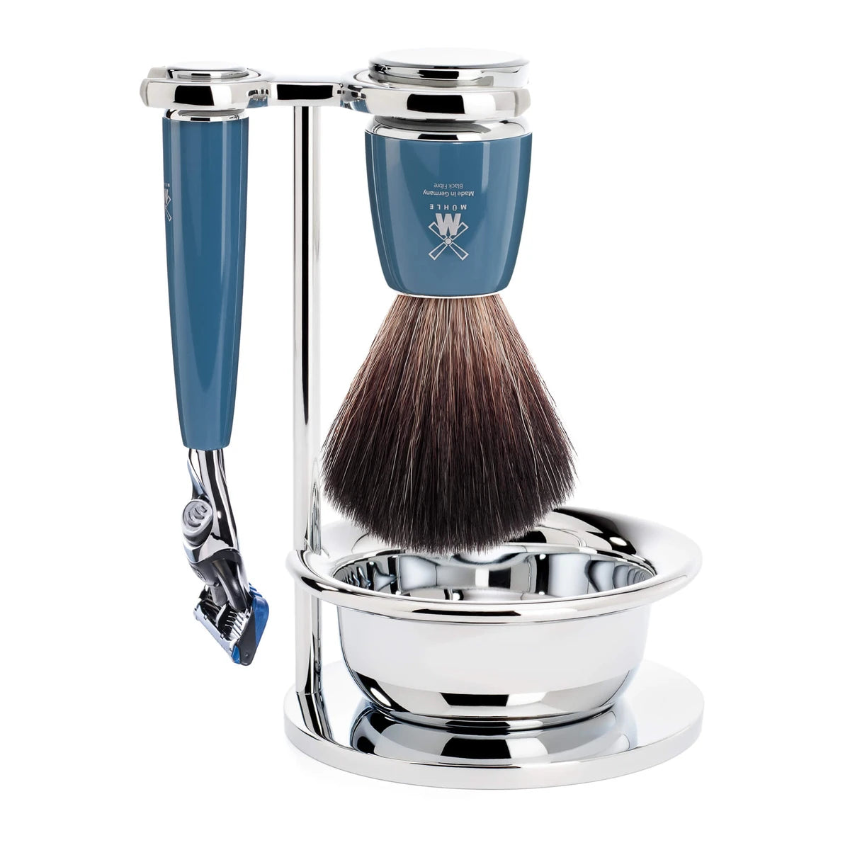 Rasierset mit Fusion-Rasierer, Pinsel, Halter und Schale, Rytmo, Petrol Blau