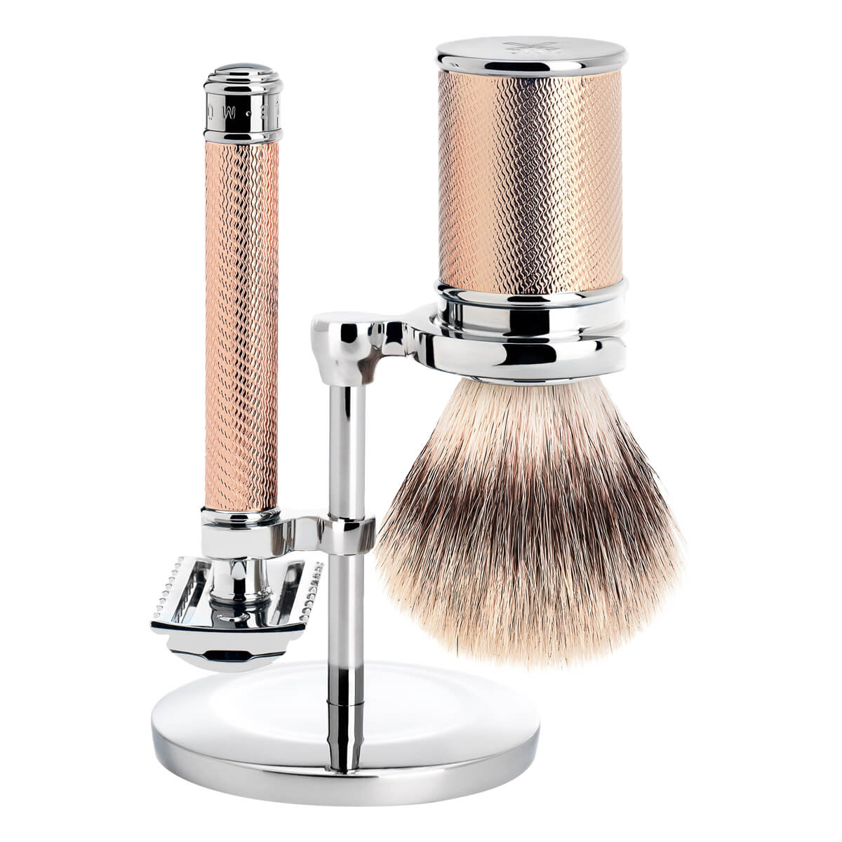 Rasierset mit Rasierhobel (offener Kamm), Silvertip Fibre® Rasierpinsel und Halterung, Traditional, Rosegold