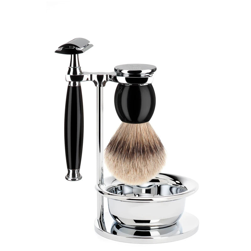 Rasierset mit Rasierhobel, Silvertip Rasierpinsel, Halter und Schale, Sophist, Black Resin