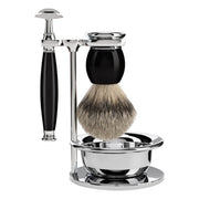 Rasierset mit Rasierhobel, Silvertip Rasierpinsel, Halter und Schale, Sophist, Black Resin