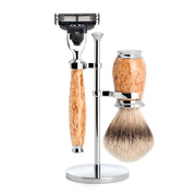Rasierset mit Mach3 Rasierer, Rasierpinsel und Halter, Purist, Karelische Maserbirke