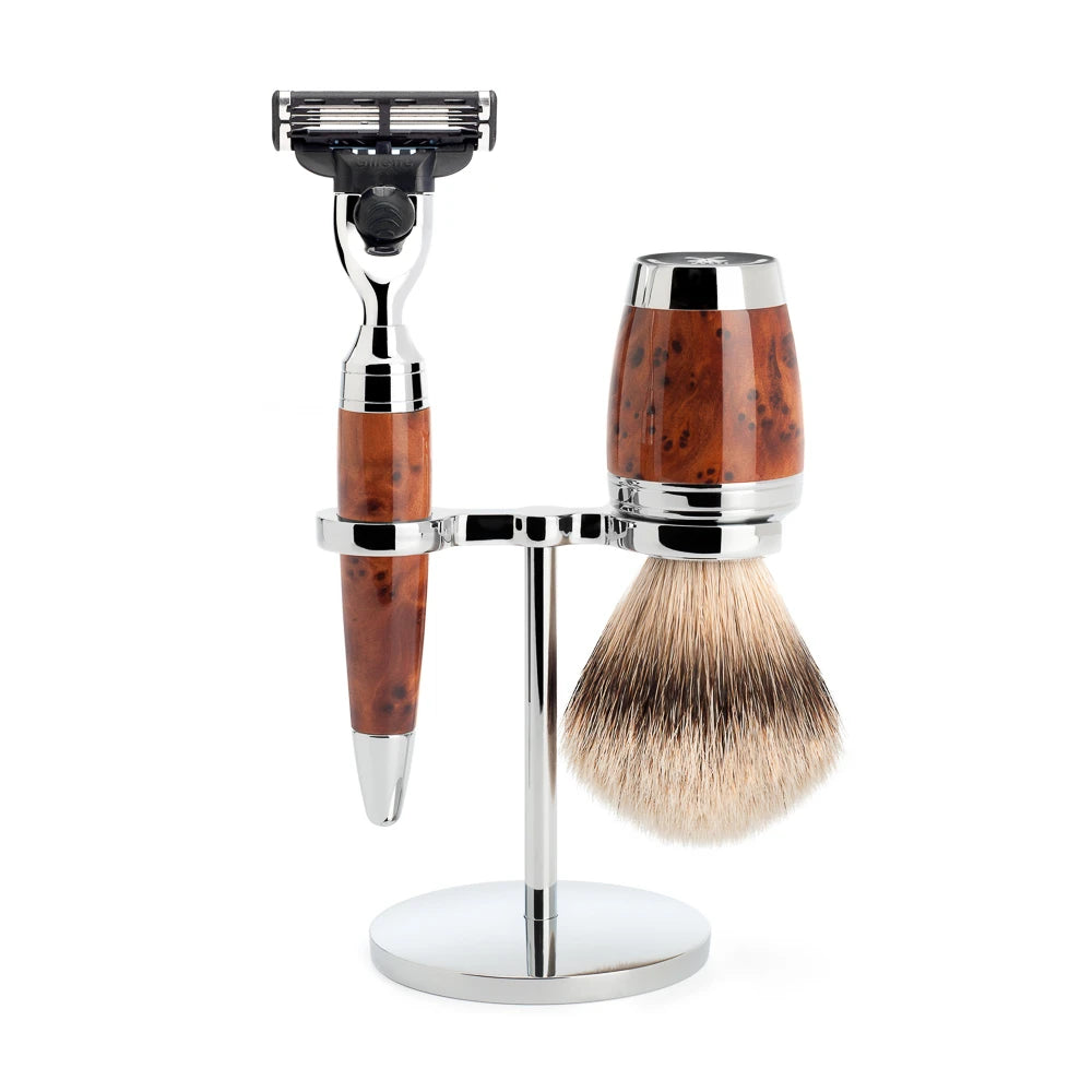 Rasierset mit Mach3 Rasierer, Rasierpinsel und Halter, Stylo, Thuja Holz