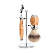 Rasierset mit Fusion-Rasierer, Silvertip Fibre® Rasierpinsel und Halter, Purist, Karelische Maserbirke
