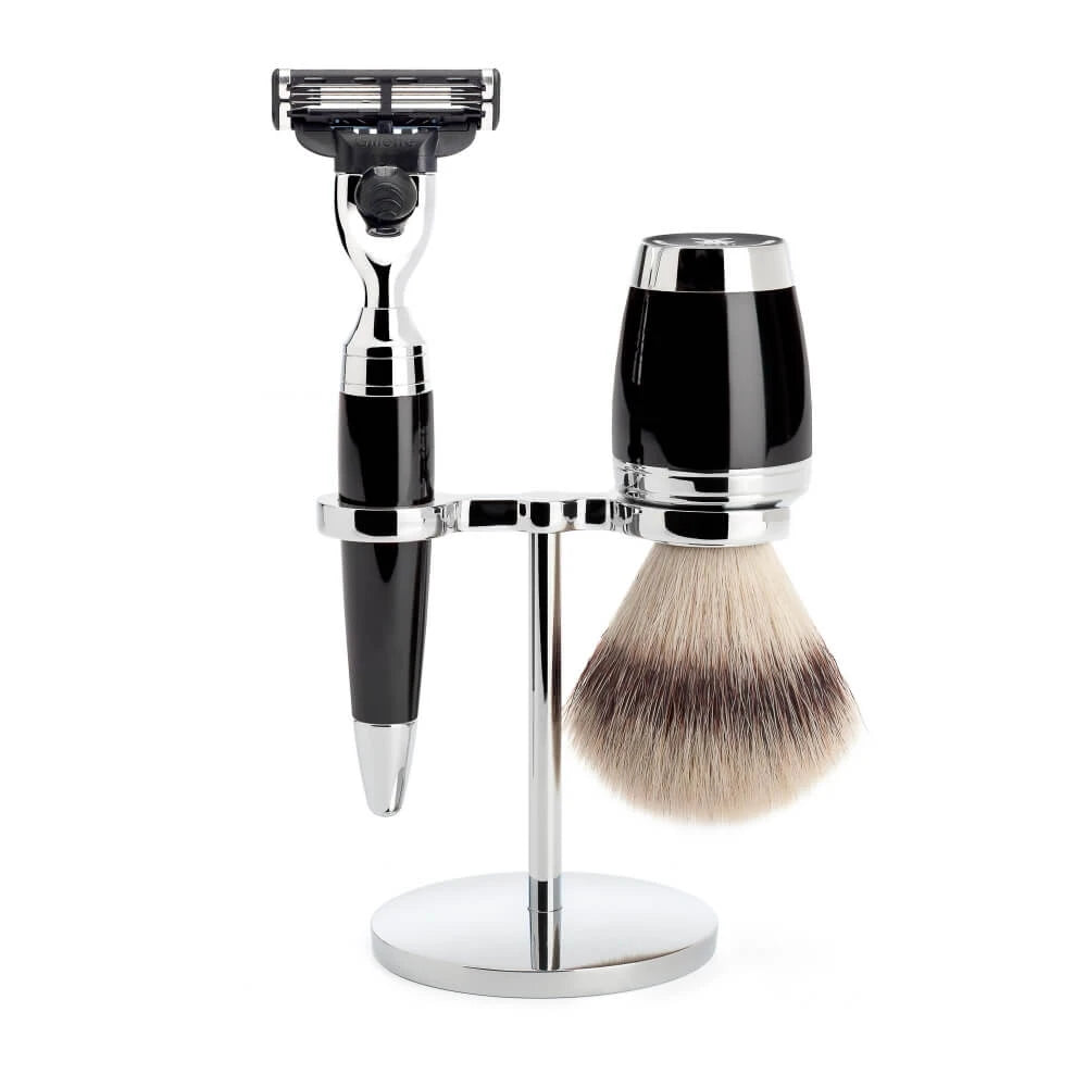 Rasierset mit Mach3 Rasierer, Silvertip Fibre® Rasierpinsel und Halterung, Stylo, Schwarzes Harz