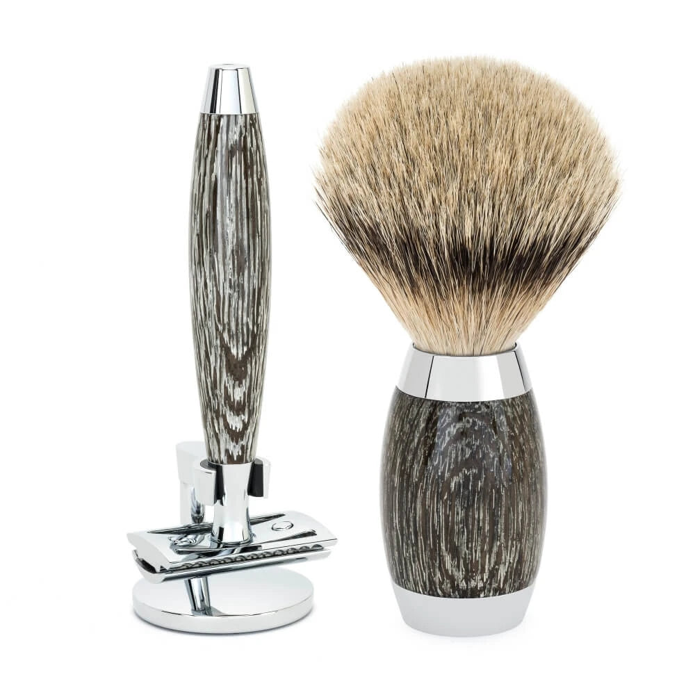 Edition No. 3, Rasierset mit Rasierhobel, Silvertip Badger Rasierpinsel und Rasiererhalter, Mooseiche & Sterling Silber