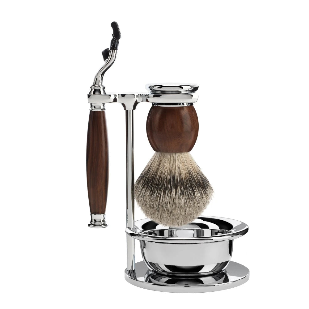 Rasierset mit Mach3 Rasierer, Rasierpinsel, Halter und Schale, Sophist, Ironwood